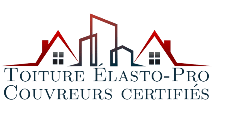 Logo de Toiture Élasto-Pro présentant des toits de maisons et d'édifices avec inscription Toiture Élasto-Pro - Couvreurs certifiés